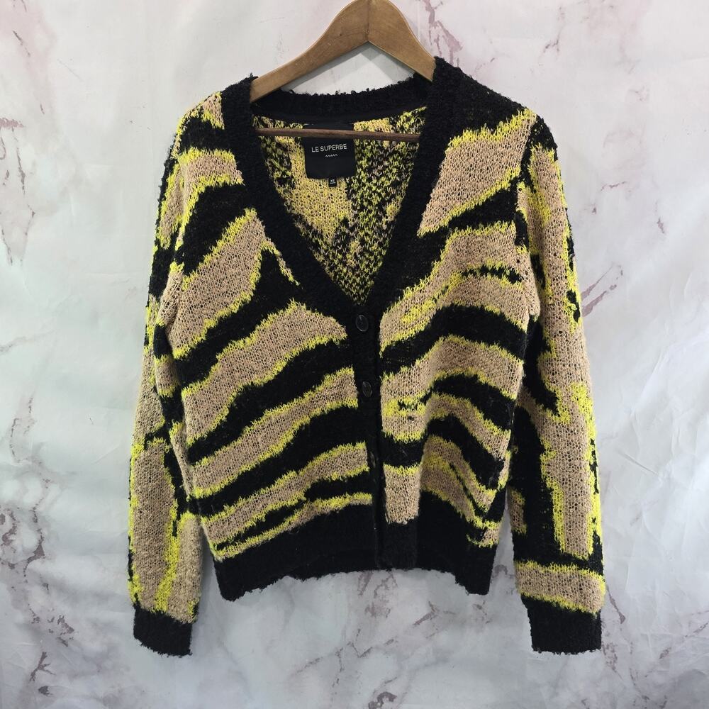 Le Superbe Cardigan Womens XS Black Neon Tiger Zebra Sweater Crop Boxy Wool